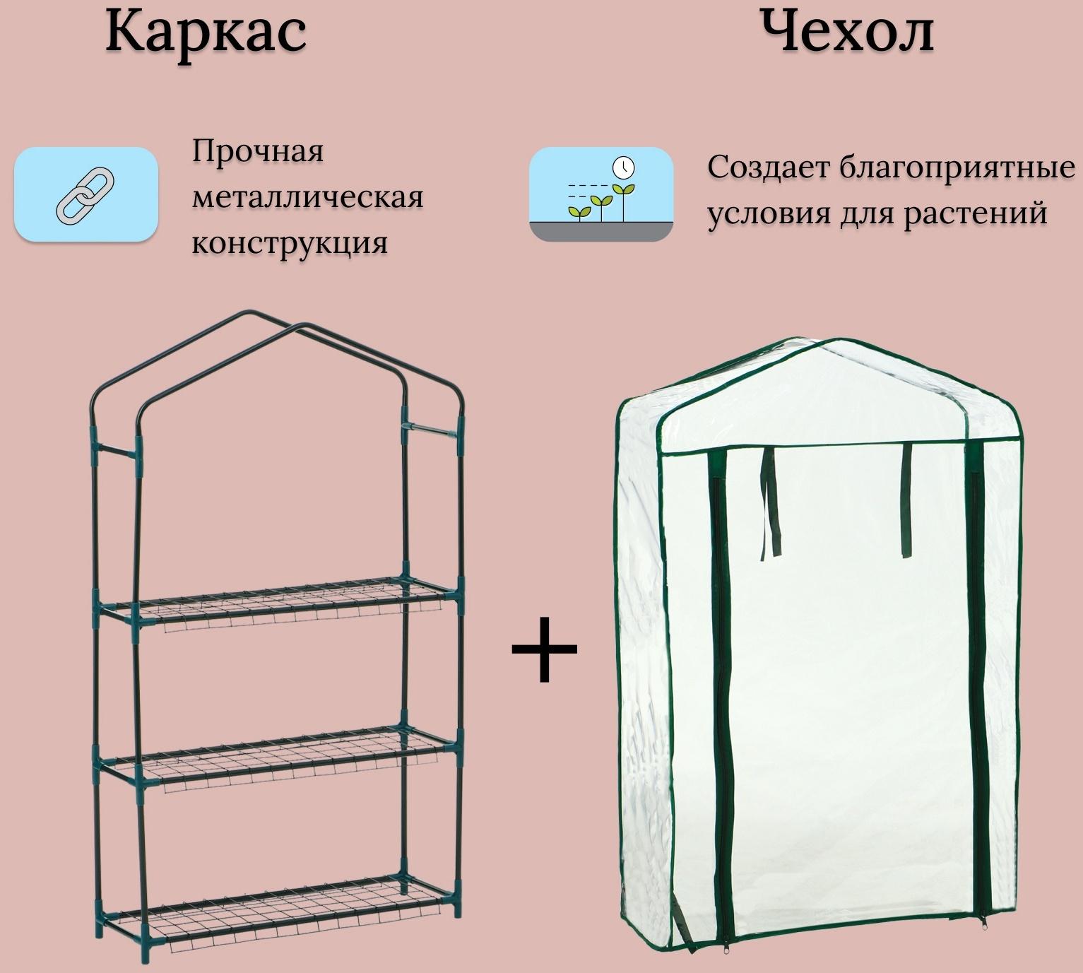 Парник-стеллаж, 3 полки, 110×22×65 см, металлический каркас d=12 мм, чехол плёнка 80 мкм, Greengo