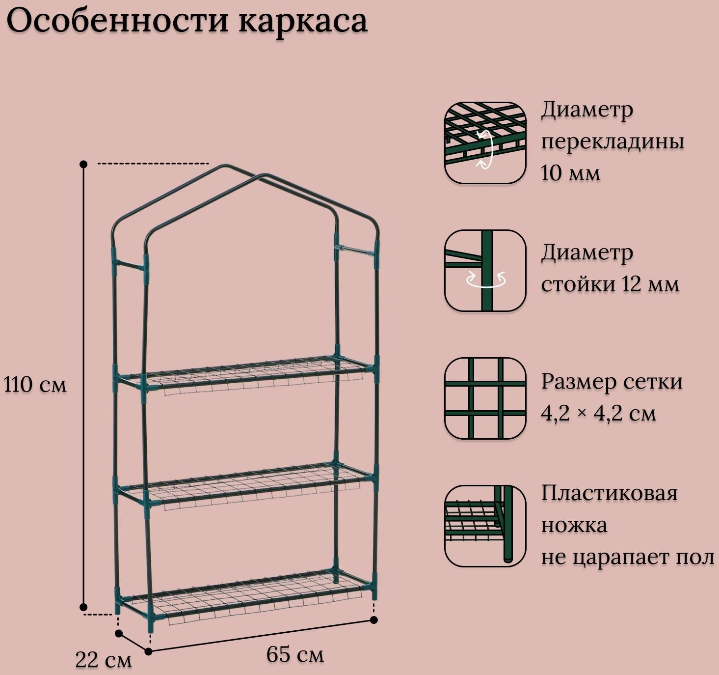 Парник-стеллаж, 3 полки, 110×22×65 см, металлический каркас d=12 мм, чехол плёнка 80 мкм, Greengo