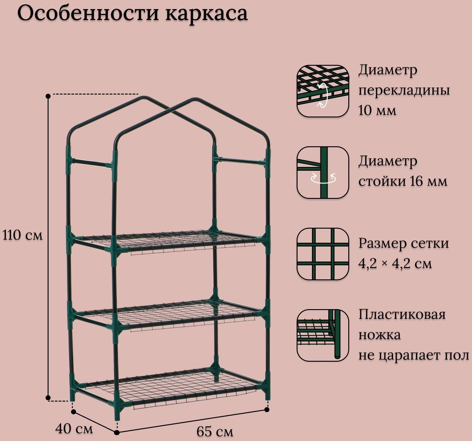 Парник-стеллаж, 3 полки, 110×40×65 см, металлический каркас d=16 мм, чехол плёнка 80 мкм, Greengo
