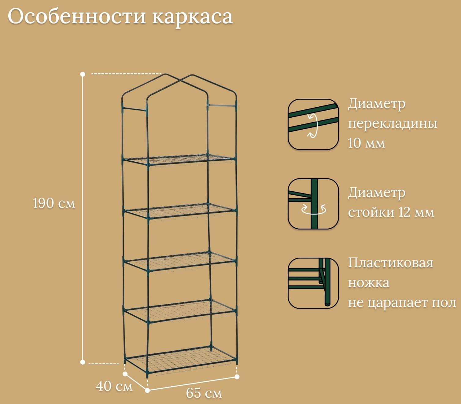 Стеллаж для рассады, 5 полок, 190×40×65 см, металлический каркас d=12 мм, без чехла, Greengo