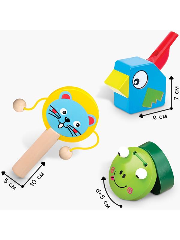 Набор музыкальных инструментов из дерева, 3 предмета «Свистулька, кастаньета, колотушка»