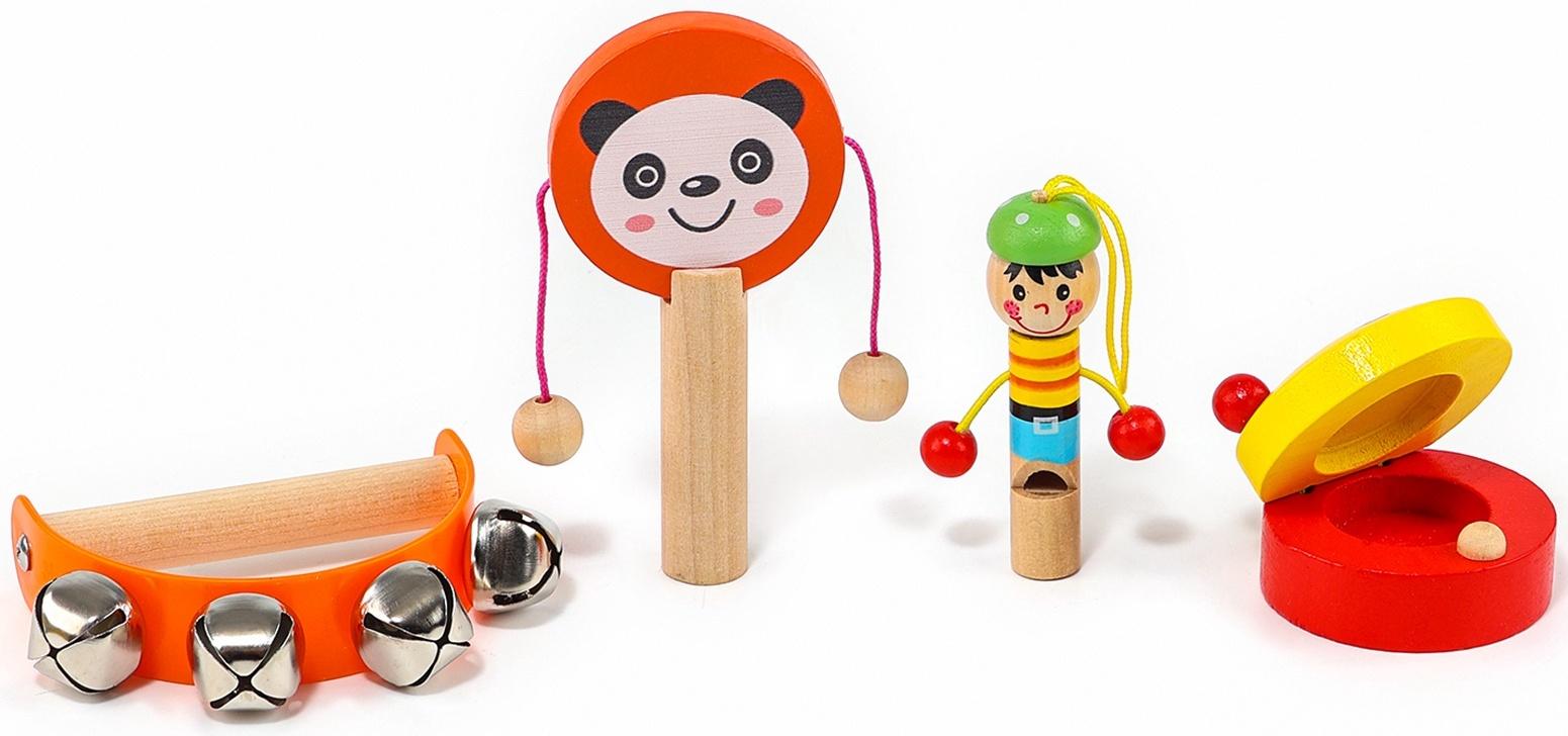 Набор музыкальных инструментов из дерева, 4 предмета «Свистулька, кастаньета, колотушка, погремушка»