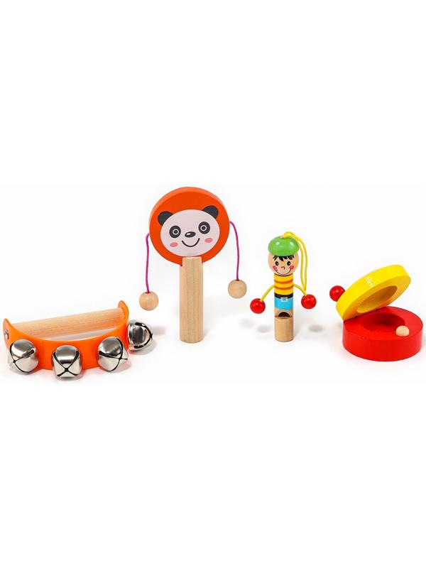 Набор музыкальных инструментов из дерева, 4 предмета «Свистулька, кастаньета, колотушка, погремушка»