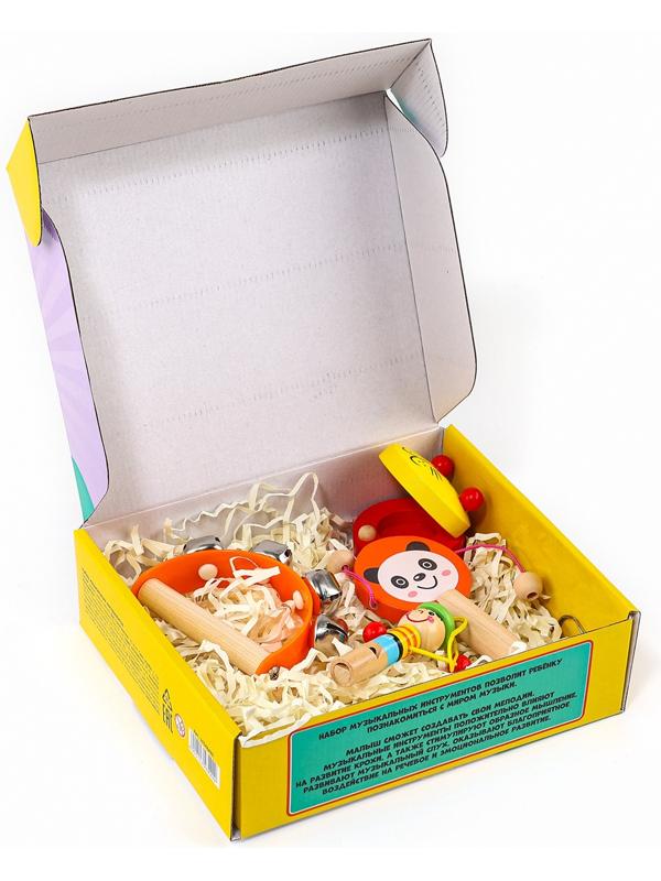 Набор музыкальных инструментов из дерева, 4 предмета «Свистулька, кастаньета, колотушка, погремушка»