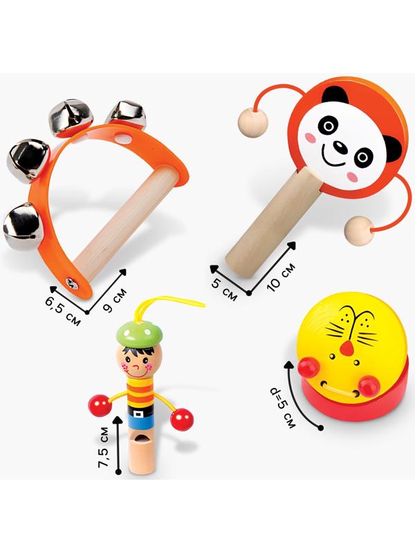 Набор музыкальных инструментов из дерева, 4 предмета «Свистулька, кастаньета, колотушка, погремушка»