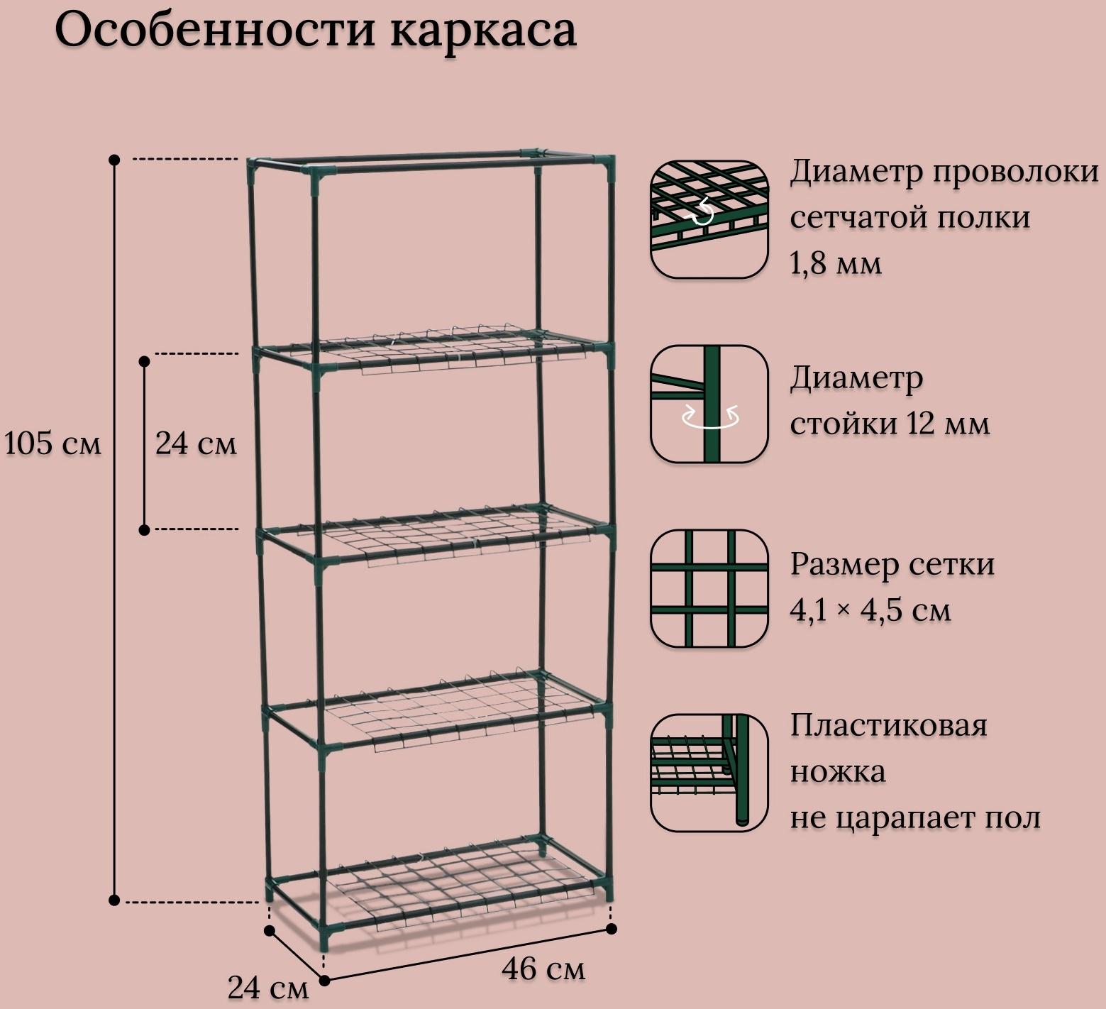 Парник-стеллаж, 4 полки, 105 × 24 × 46 см, металлический каркас d = 12 мм, чехол плёнка 80 мкм, Greengo