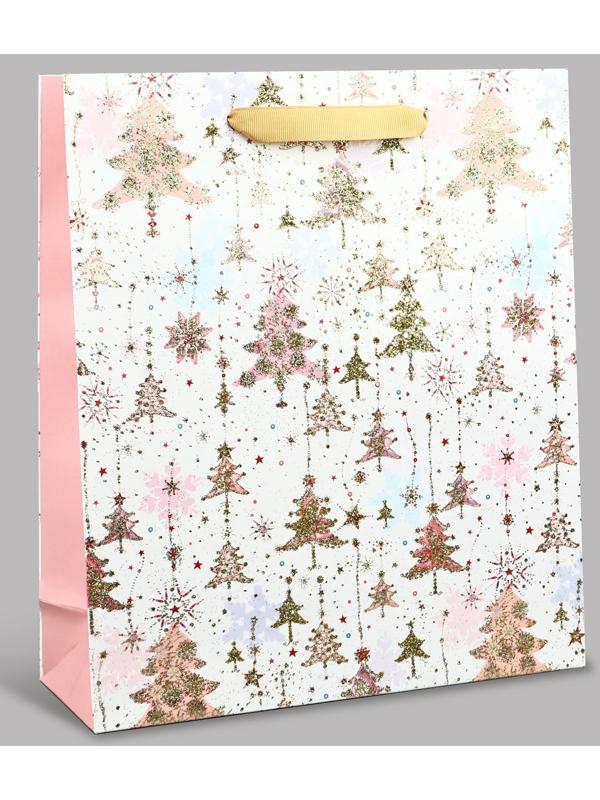 Пакет подарочный новогодний ламинированный «Ёлочки», M 30 х 26 х 9 см