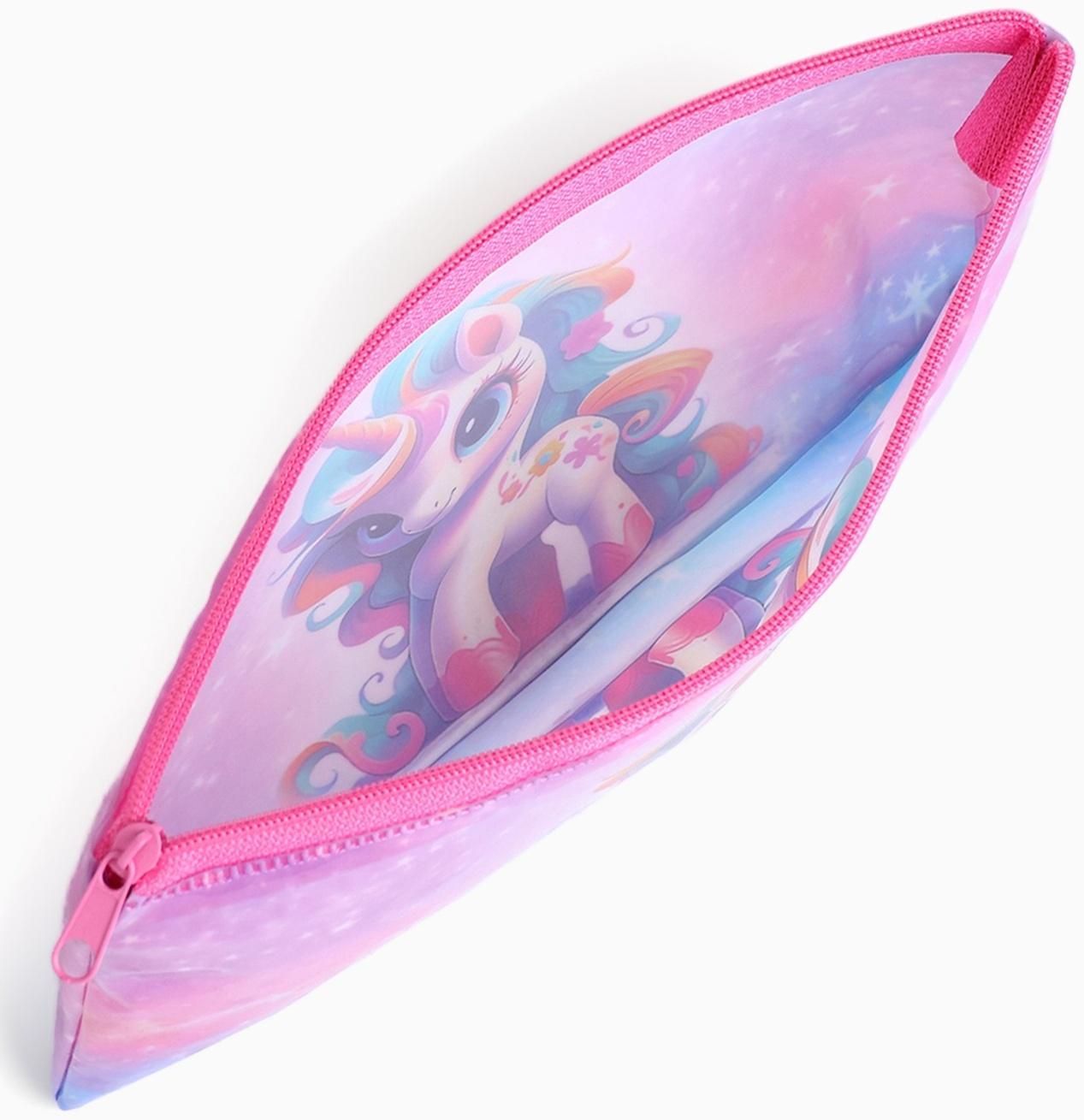 Косметичка-пенал на молнии, с рисунком «Единорог», розовая/разноцветная