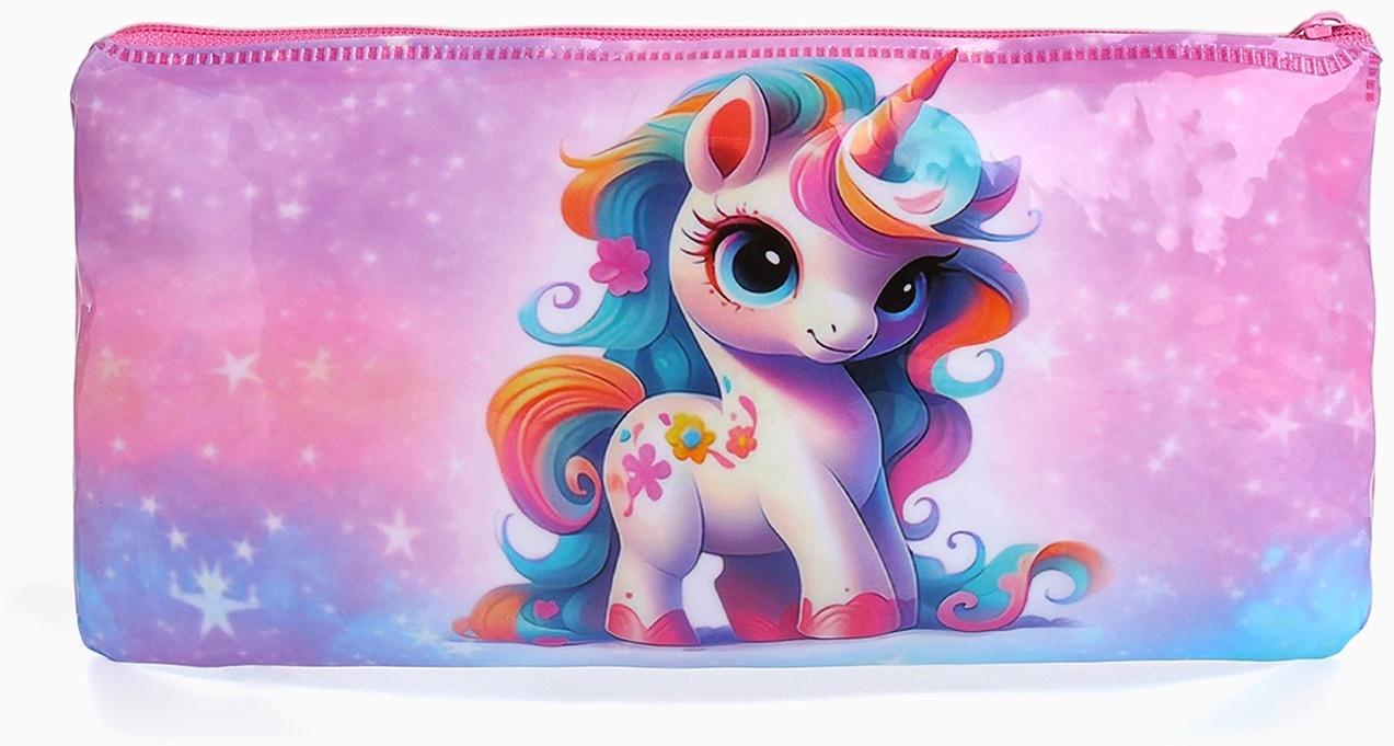 Косметичка-пенал на молнии, с рисунком «Единорог», розовая/разноцветная