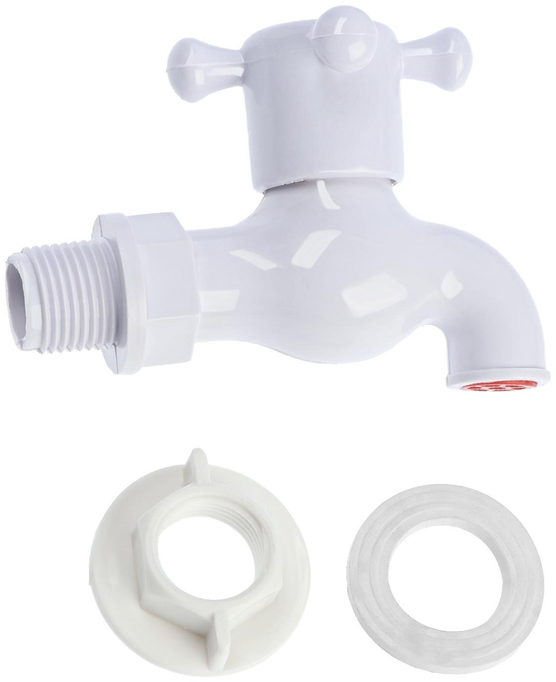 Кран водоразборный ZEIN, с крестовой ручкой, PP, с шаровым механизмом, белый, с гайкой