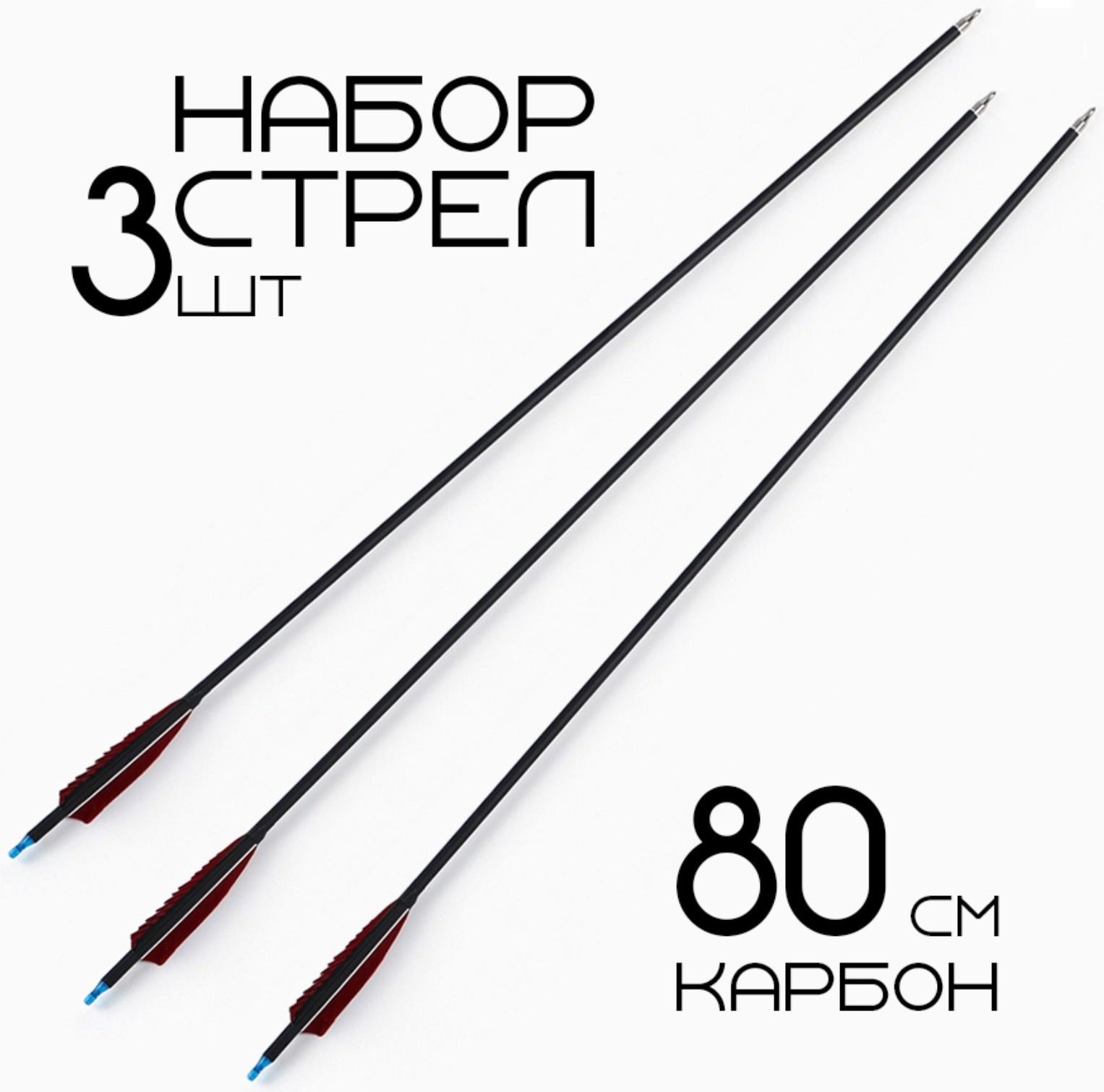 Набор стрел для лука 3 шт, карбон, черная, оперение - красное, 80 см