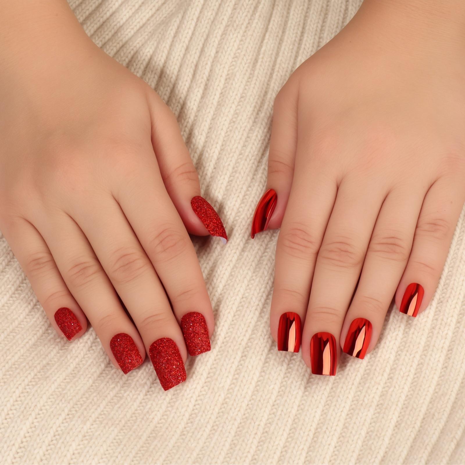 Накладные ногти, 12 шт, с клеевыми пластинами, форма мягкий квадрат, с блёстками, красные