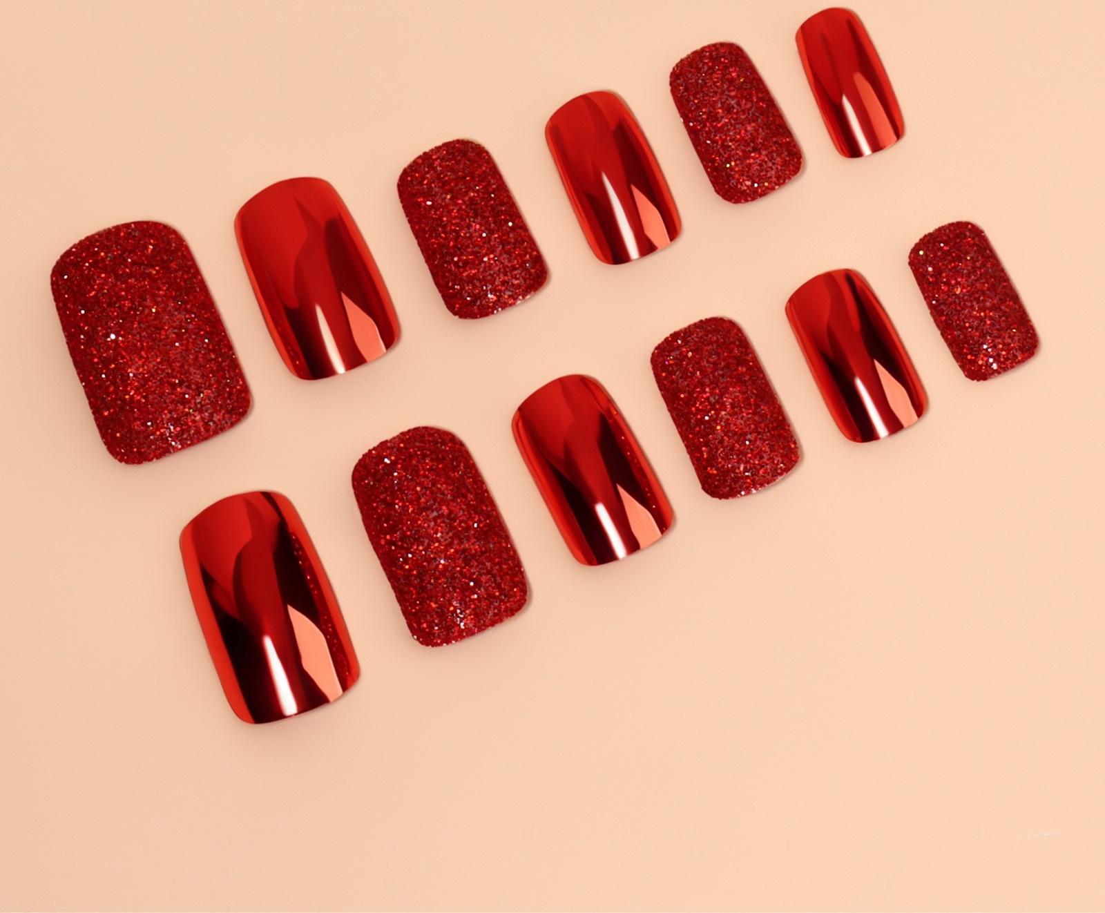Накладные ногти, 12 шт, с клеевыми пластинами, форма мягкий квадрат, с блёстками, красные