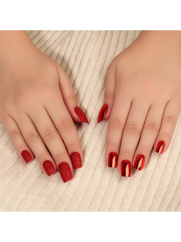 Накладные ногти, 12 шт, с клеевыми пластинами, форма мягкий квадрат, с блёстками, красные