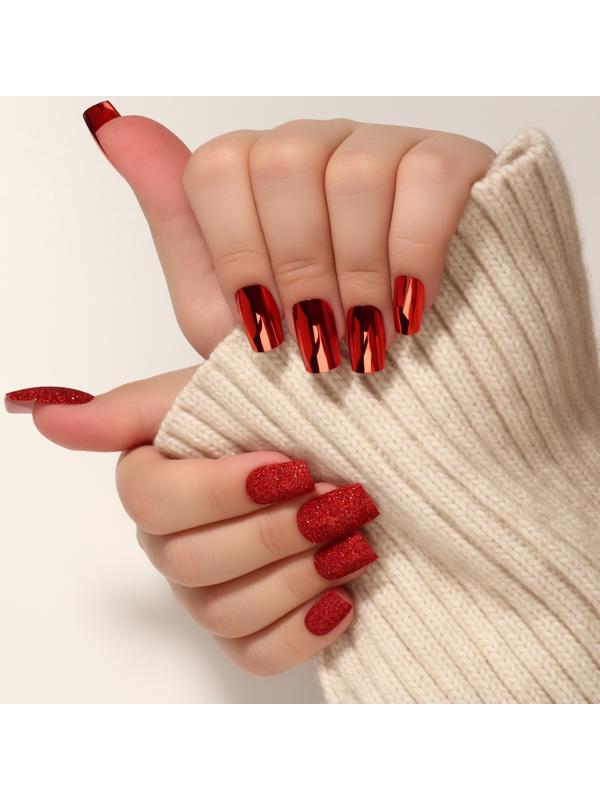 Накладные ногти, 12 шт, с клеевыми пластинами, форма мягкий квадрат, с блёстками, красные