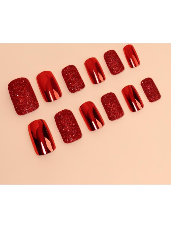 Накладные ногти, 12 шт, с клеевыми пластинами, форма мягкий квадрат, с блёстками, красные