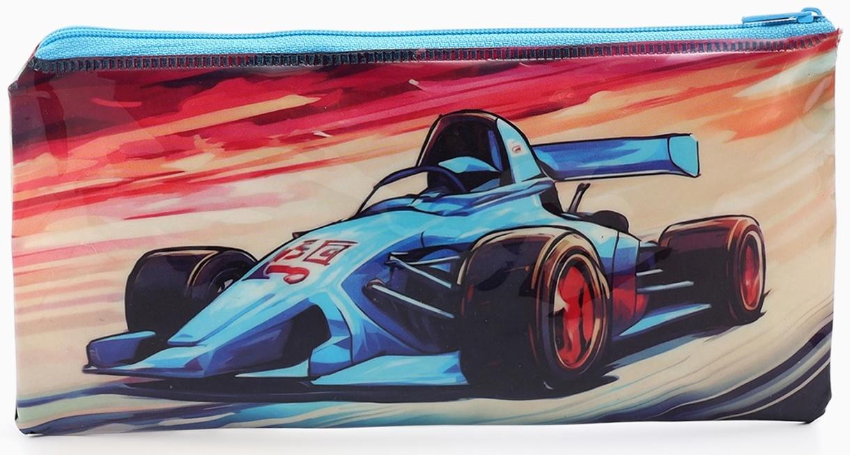 Косметичка-пенал на молнии, с рисунком «Авто», голубая/оранжевая