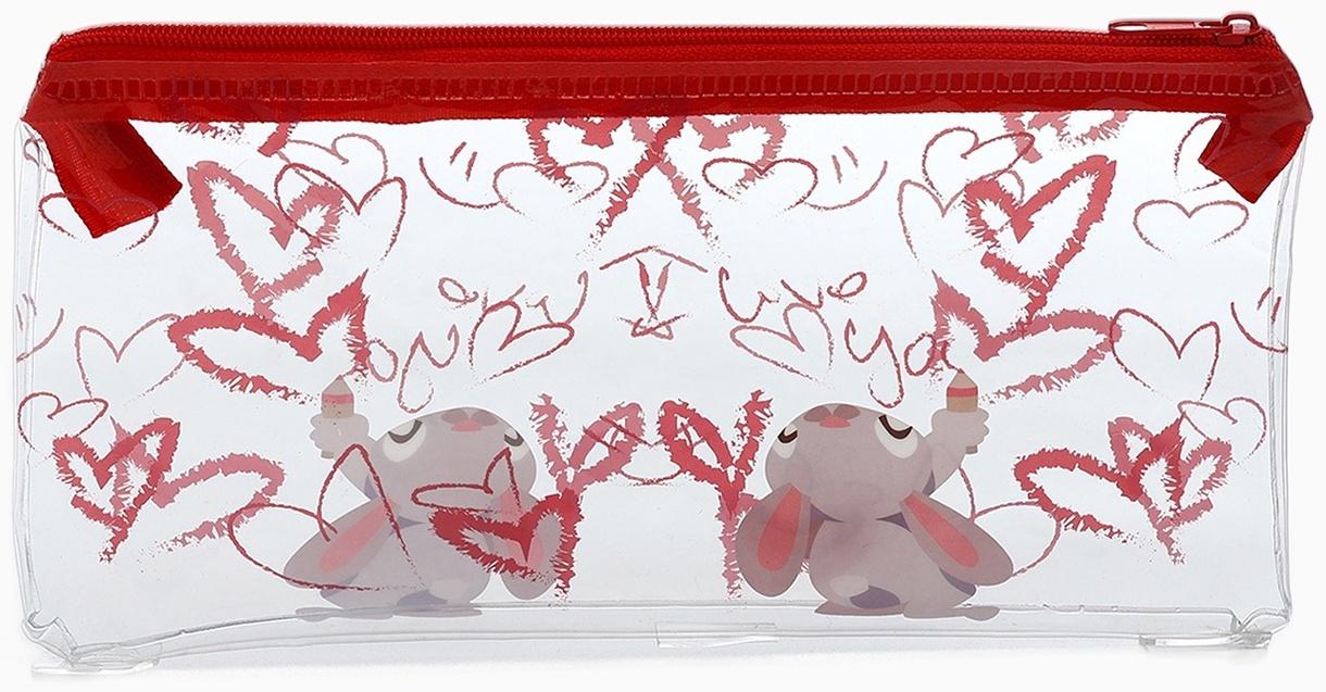 Косметичка-пенал на молнии, с рисунком «Зайки», прозрачная/красная