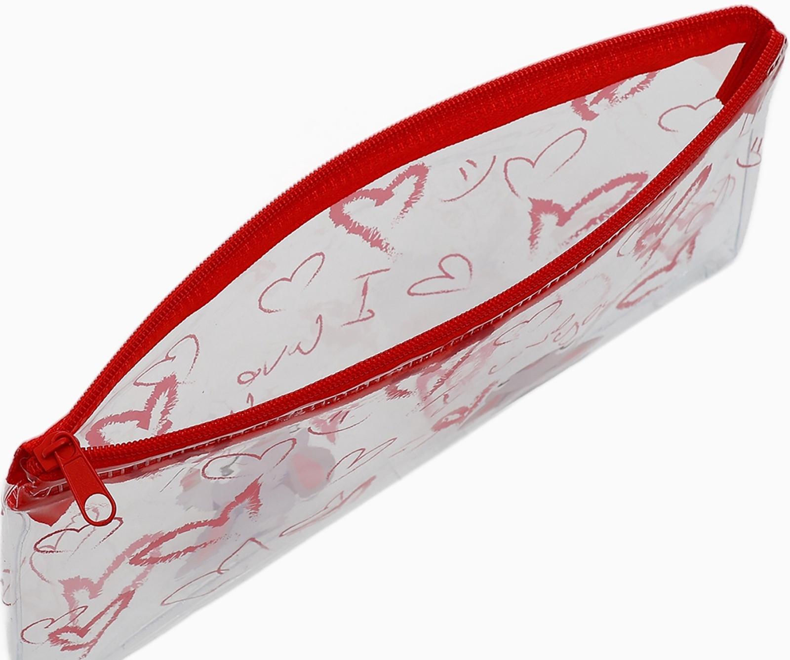 Косметичка-пенал на молнии, с рисунком «Зайки», прозрачная/красная