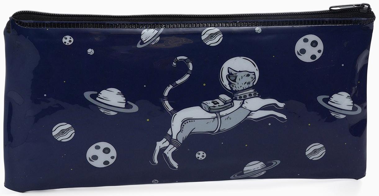 Косметичка-пенал на молнии, с рисунком «Космический кот», тёмно-синяя