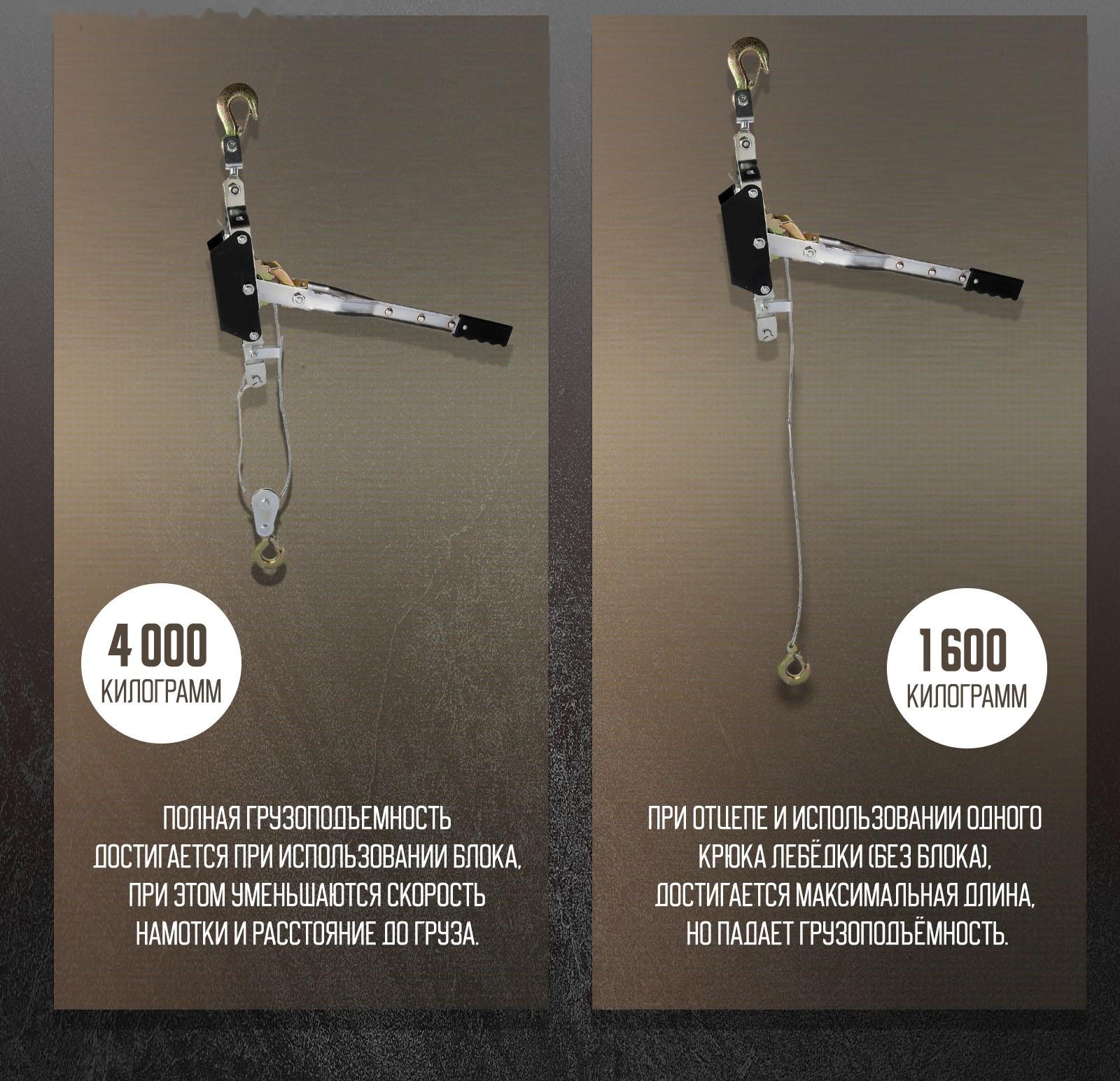 Лебедка рычажная ТУНДРА, двойное храповое колесо, тяга 4 т (подъем 1.6 т), трос 4 метра