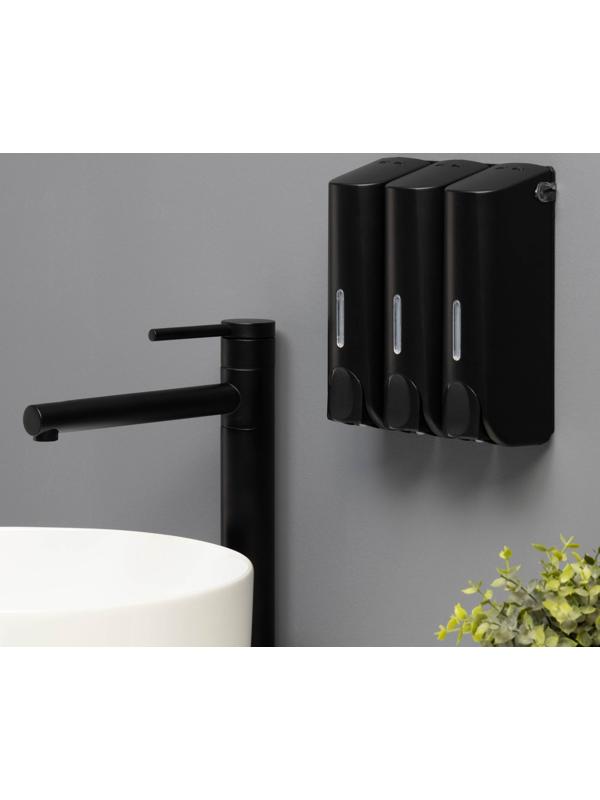 Диспенсер для мыла SAVANNA, механический, 3 отсека по 350 мл: шампунь, кондиционер, гель, чёрный