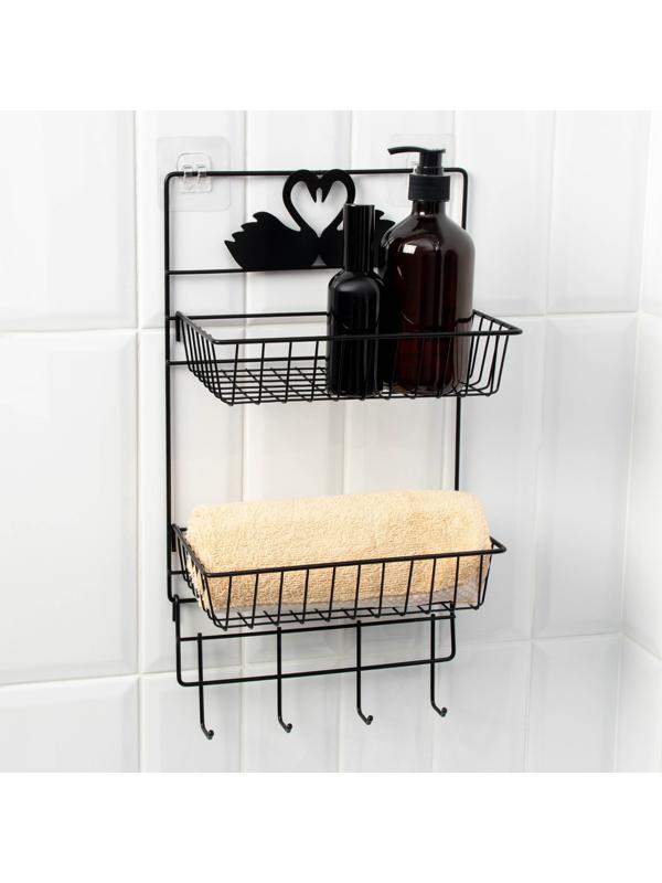 Полка для ванной Доляна, двухъярусная, 4 крючка, 47×25×14 см, чёрная