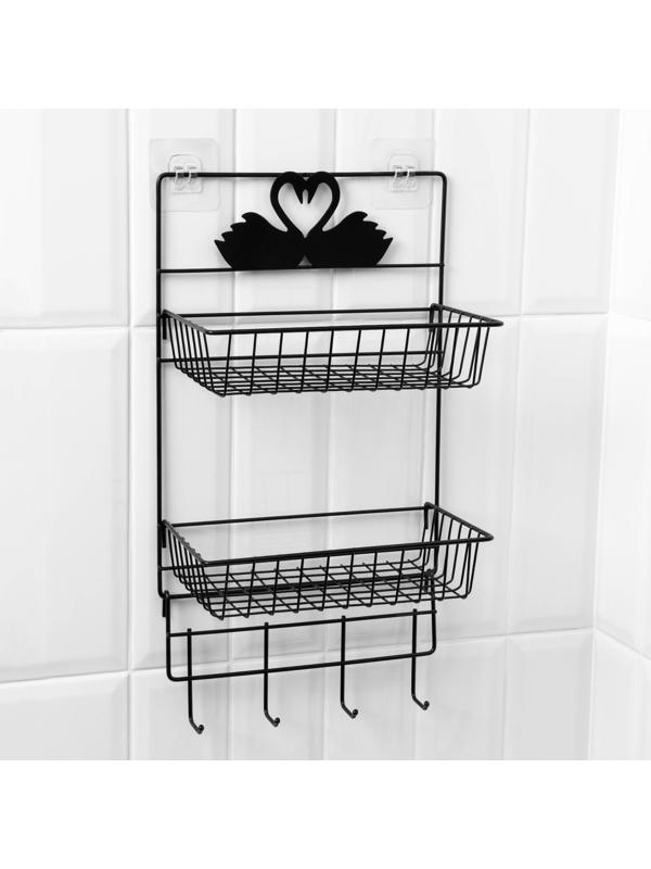 Полка для ванной Доляна, двухъярусная, 4 крючка, 47×25×14 см, чёрная