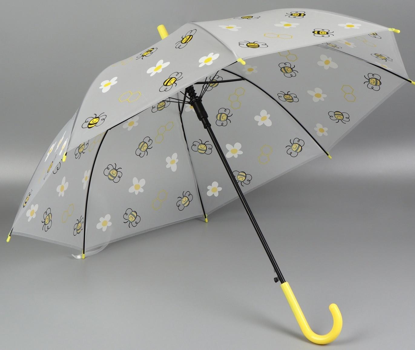 Зонт - трость детский «Пчёлки», полуавтоматический, 8 спиц, R=45/54 см, D = 90 см, прозрачный, белый, жёлтый