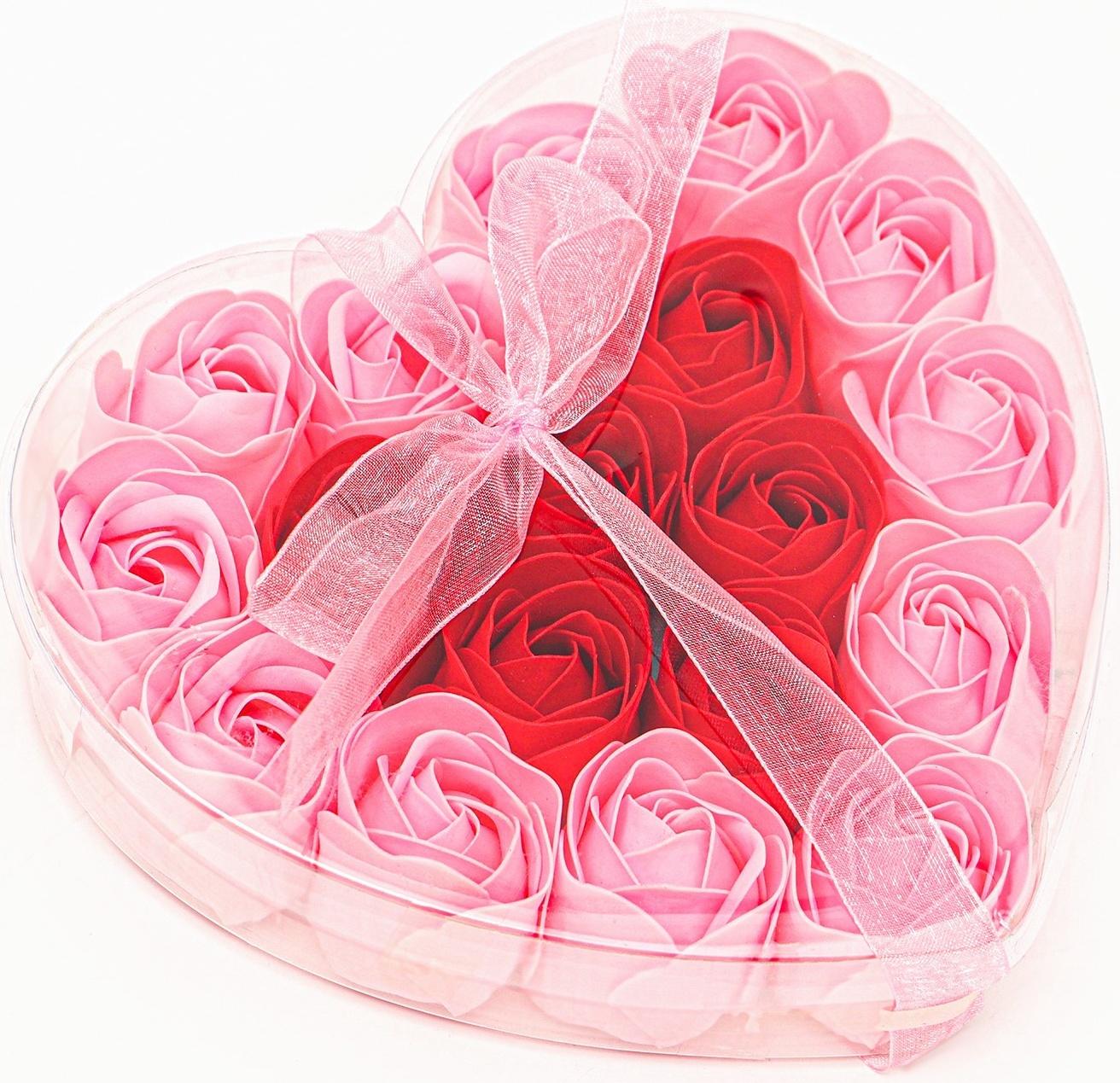 Набор в форме сердца, нежных 18 красно-розовых мыльных роз