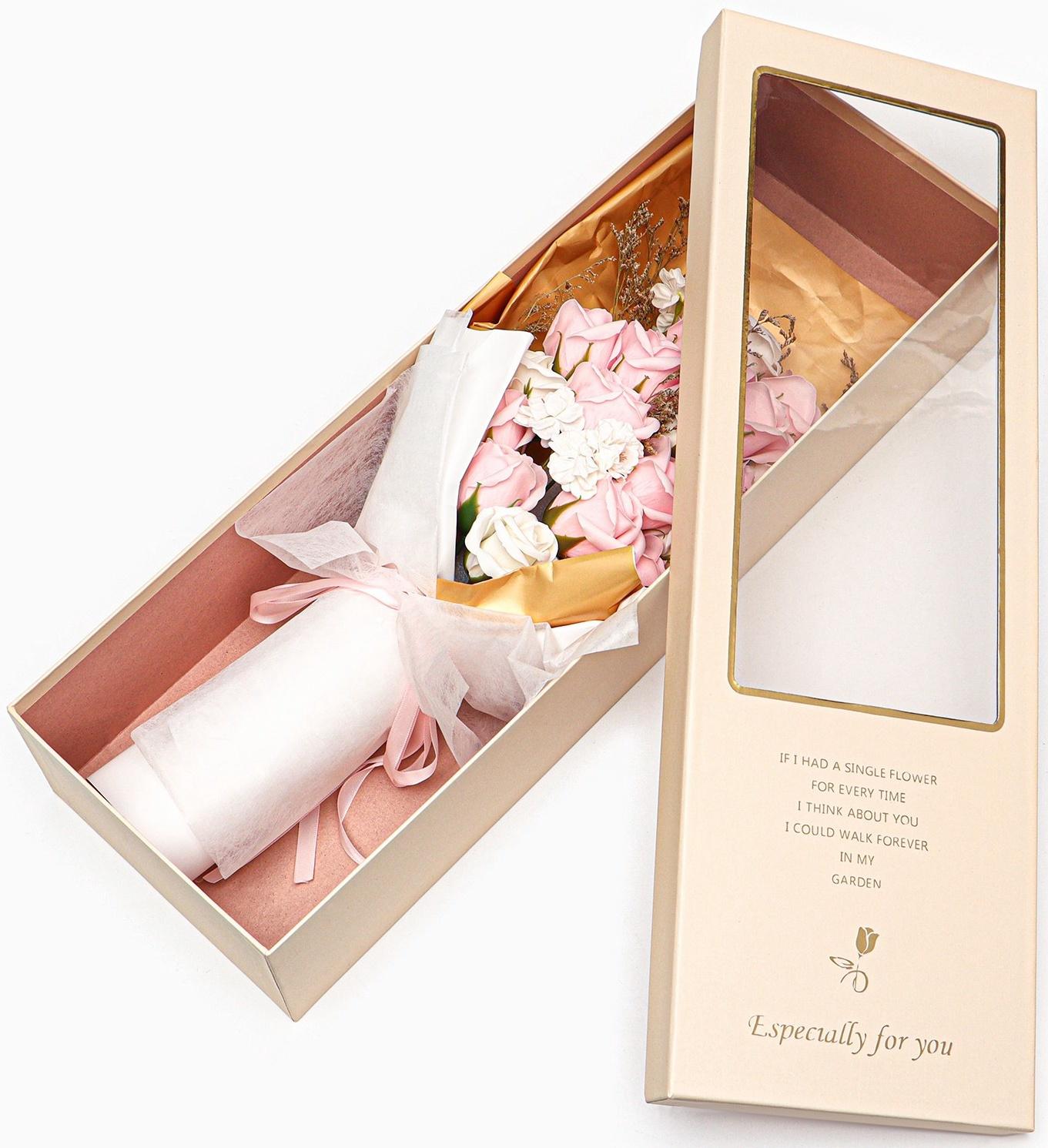 Букет мыльных розовых и белых роз в коробке из 20 шт.