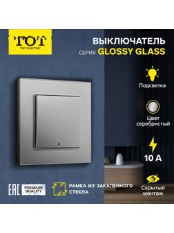Выключатель TOT Glossy Glass, 10 А, 1 клавиша, с подсветкой, скрытый, стекло, серебристый