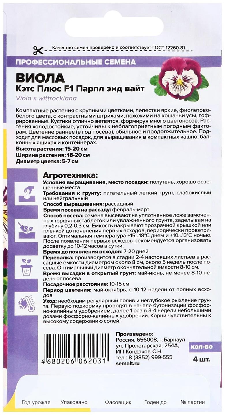 Семена цветов Виола Кэтс Плюс F1 Парпл энд Вайт, ц/п, 4 шт.