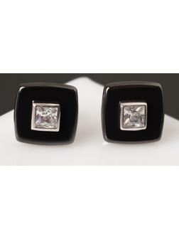 Пусеты керамика «Квадрат» малый, чёрно-белые в серебре