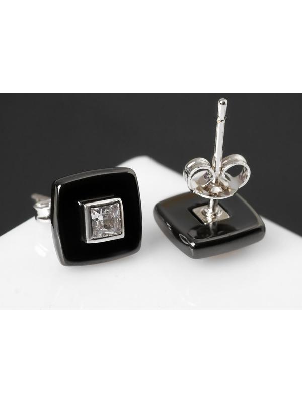 Пусеты керамика «Квадрат» малый, чёрно-белые в серебре