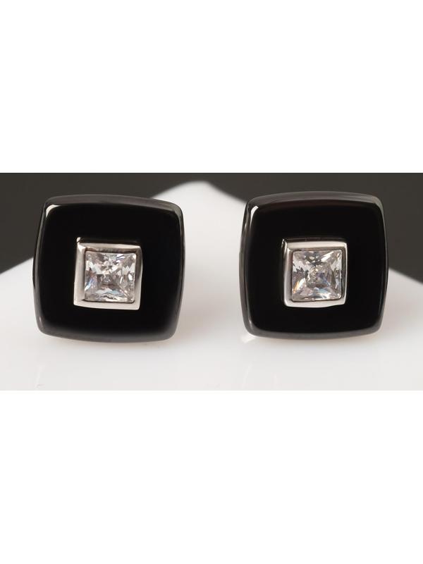 Пусеты керамика «Квадрат» малый, чёрно-белые в серебре