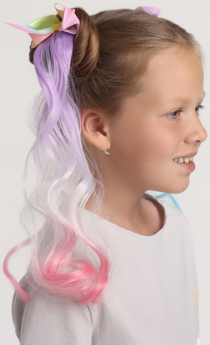 Локон накладной «Бантик», кудрявый волос, на заколке, 32 см, цвет сиреневый/пепельный/розовый