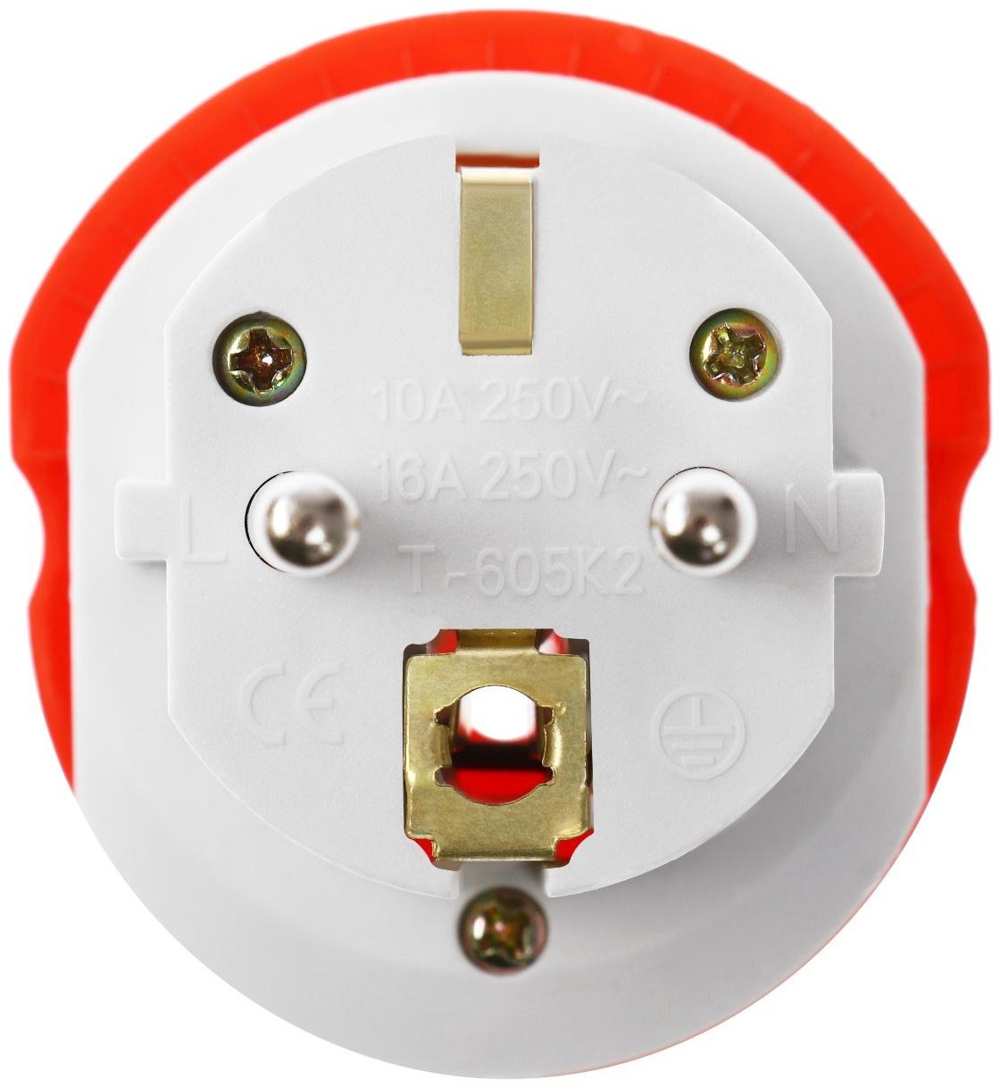 Переходник универсальный 16А, с з/к, 220 В, красный, заподлицо в розетку