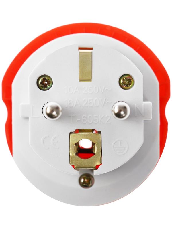Переходник универсальный 16А, с з/к, 220 В, красный, заподлицо в розетку
