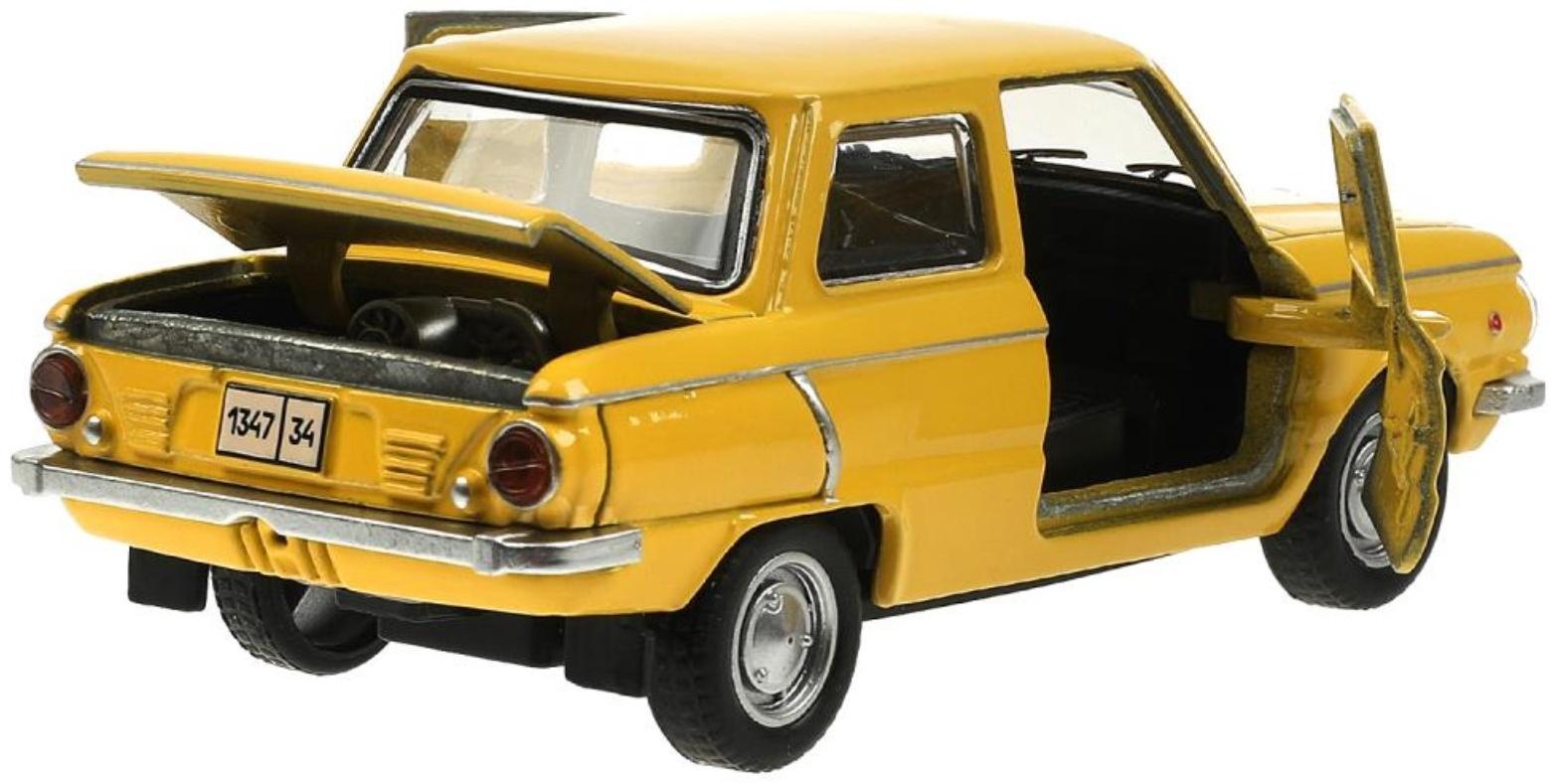 Машинка металлическая «ЗАЗ-968А», ретро - модель «Запорожец», открываются двери, багажник, инерция, 12 см жёлтый