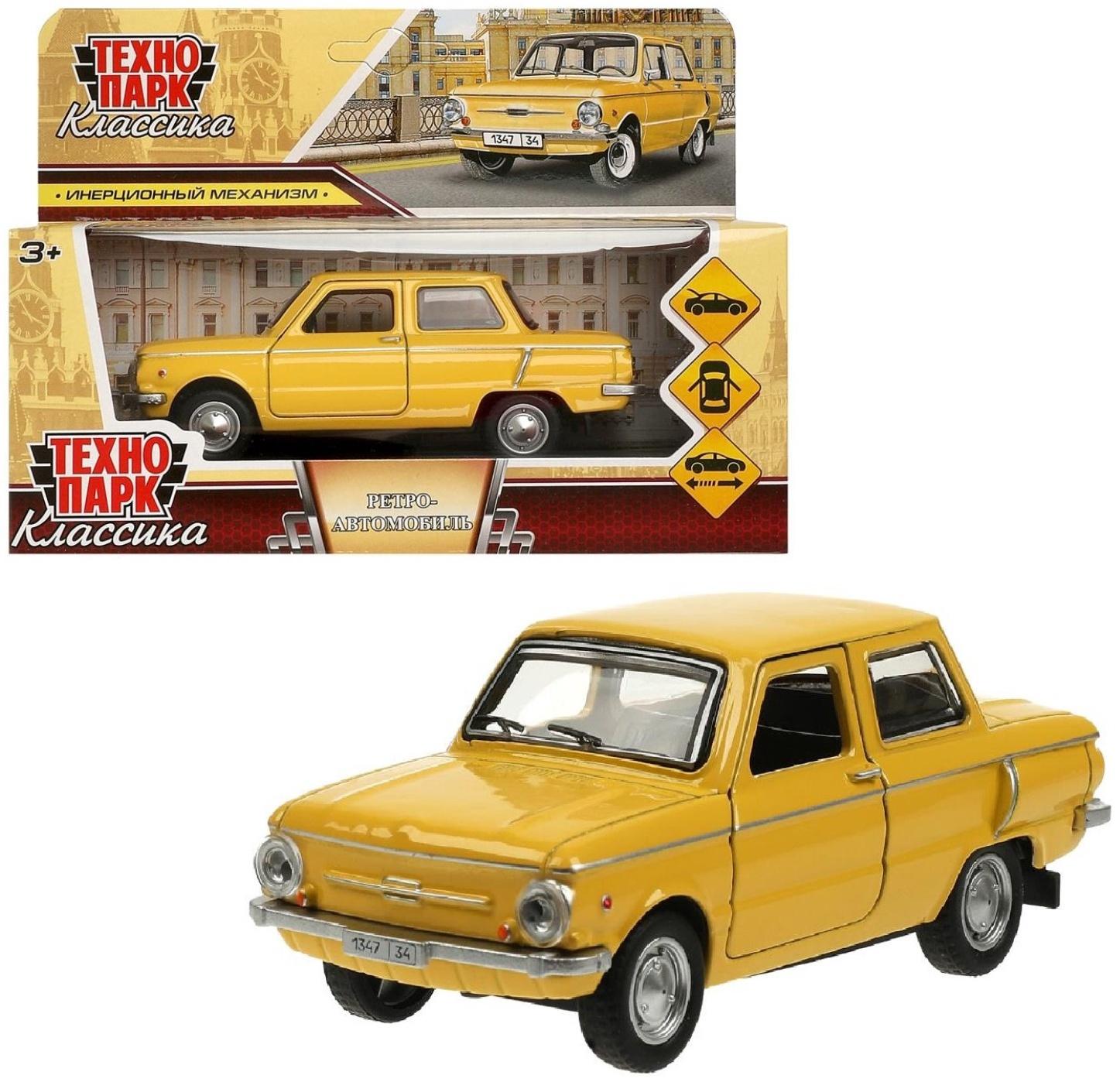 Машинка металлическая «ЗАЗ-968А», ретро - модель «Запорожец», открываются двери, багажник, инерция, 12 см жёлтый