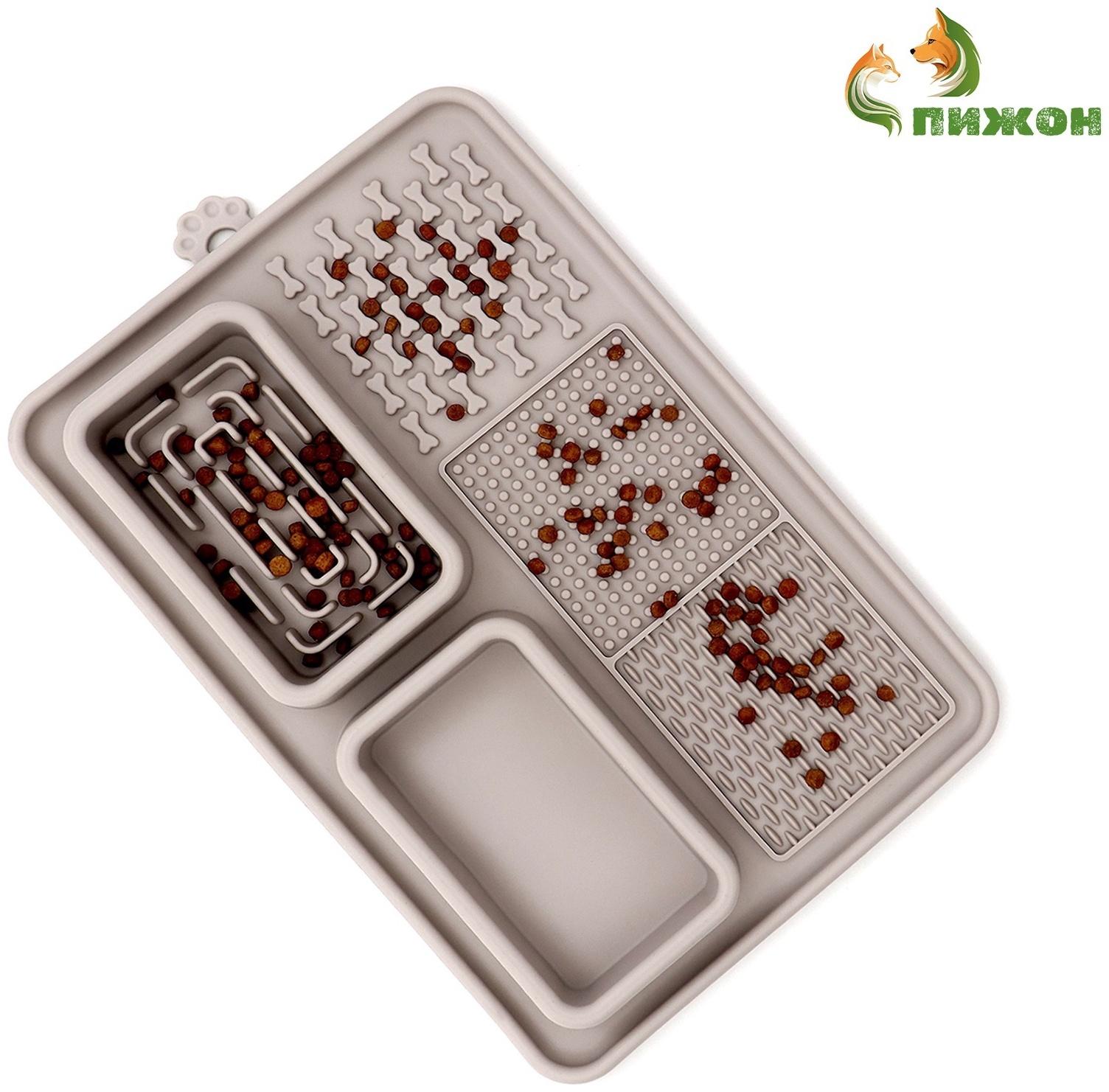 Коврик для лизания на присосках с мисками 30 х 20 см, серый