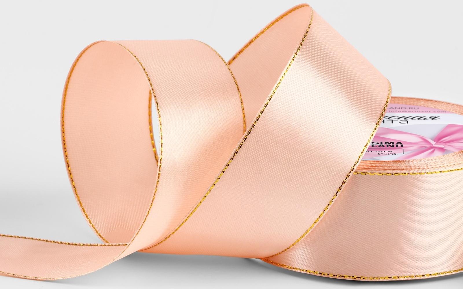 Лента атласная, с золотым люрексом, 40 мм, 23±1 м, светло-розовая №107