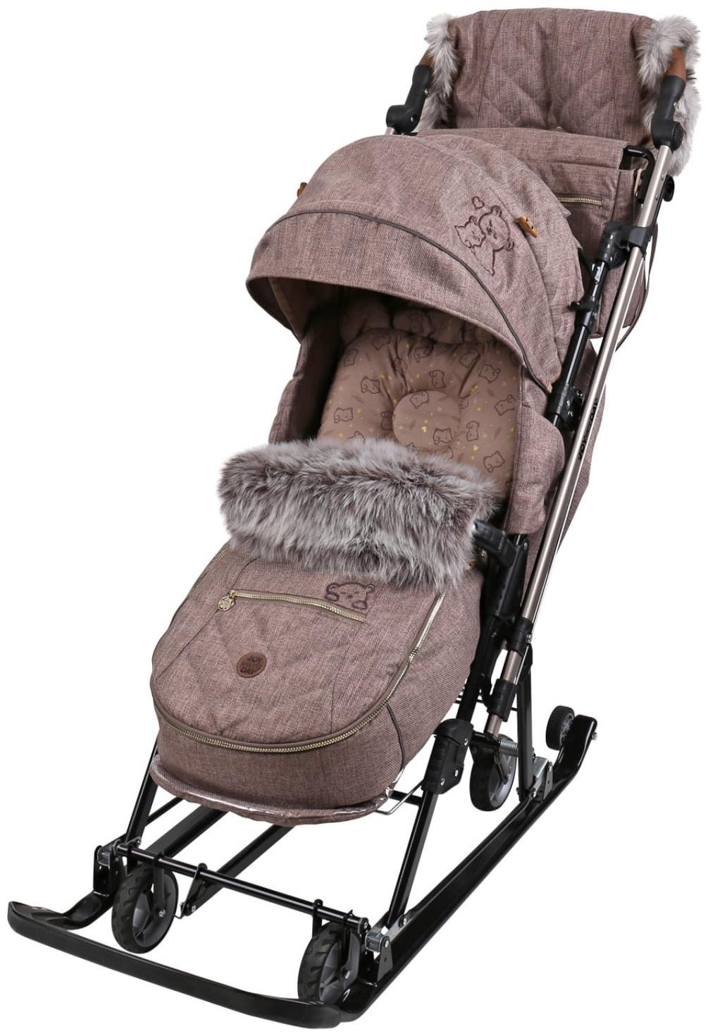 Санки - коляска Joy every day1, с чехлом для ног, муфта, цвет бежевый с мишками