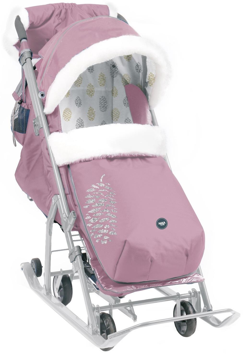 Санки - коляска «Ника детям 7-5K», с чехлом для ног, муфта, цвет пыльно-розовый с шишкой