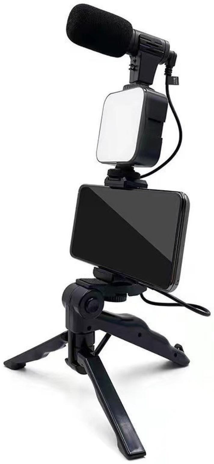 Набор блогера AY-49, штатив для телефона с лампой, микрофон, Bluetooth кнопка, чёрный