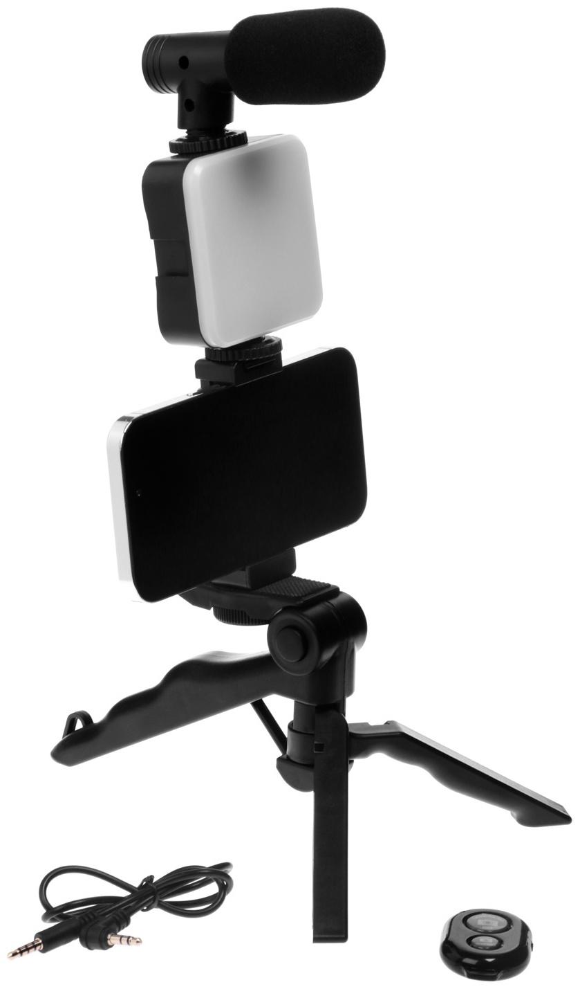 Набор блогера AY-49, штатив для телефона с лампой, микрофон, Bluetooth кнопка, чёрный