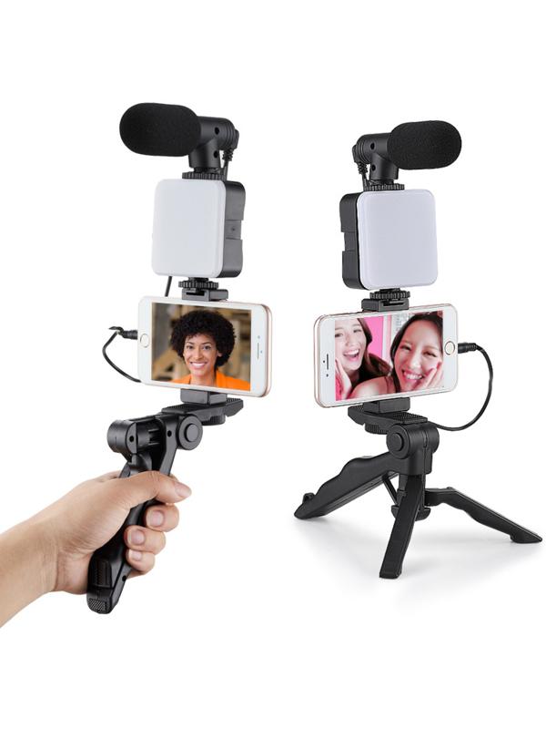 Набор блогера AY-49, штатив для телефона с лампой, микрофон, Bluetooth кнопка, чёрный