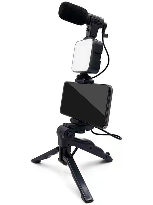 Набор блогера AY-49, штатив для телефона с лампой, микрофон, Bluetooth кнопка, чёрный