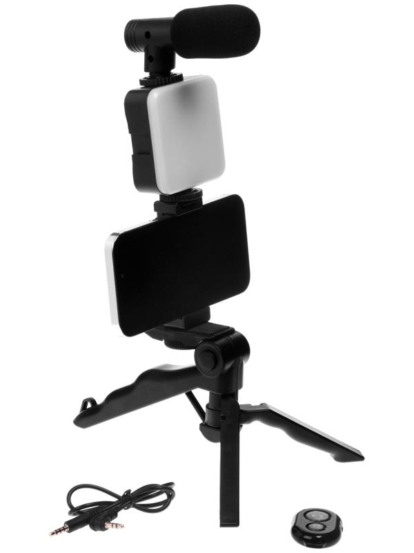 Набор блогера AY-49, штатив для телефона с лампой, микрофон, Bluetooth кнопка, чёрный